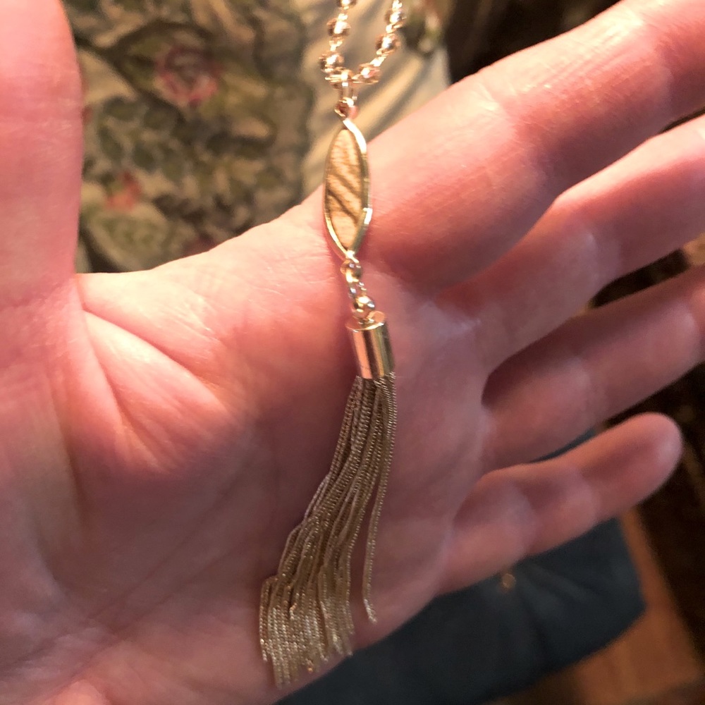 Petrified wood, crystal, metal tassel necklace